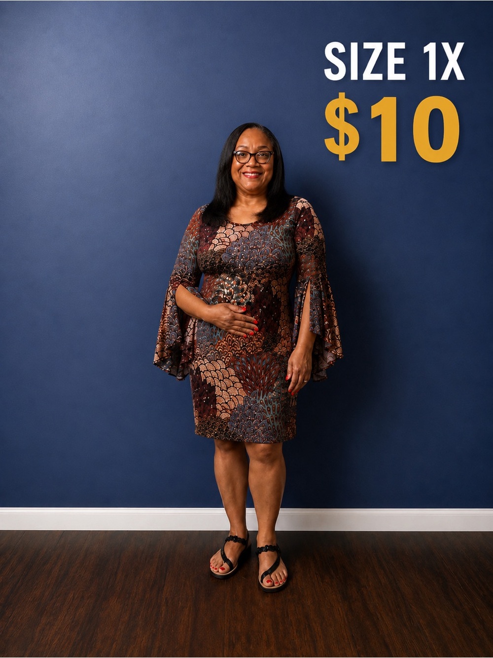 1X Printed Bell-Sleeve Dress in Brown Multicolor